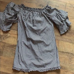 Grey and White Striped Off The Shoulder Dress